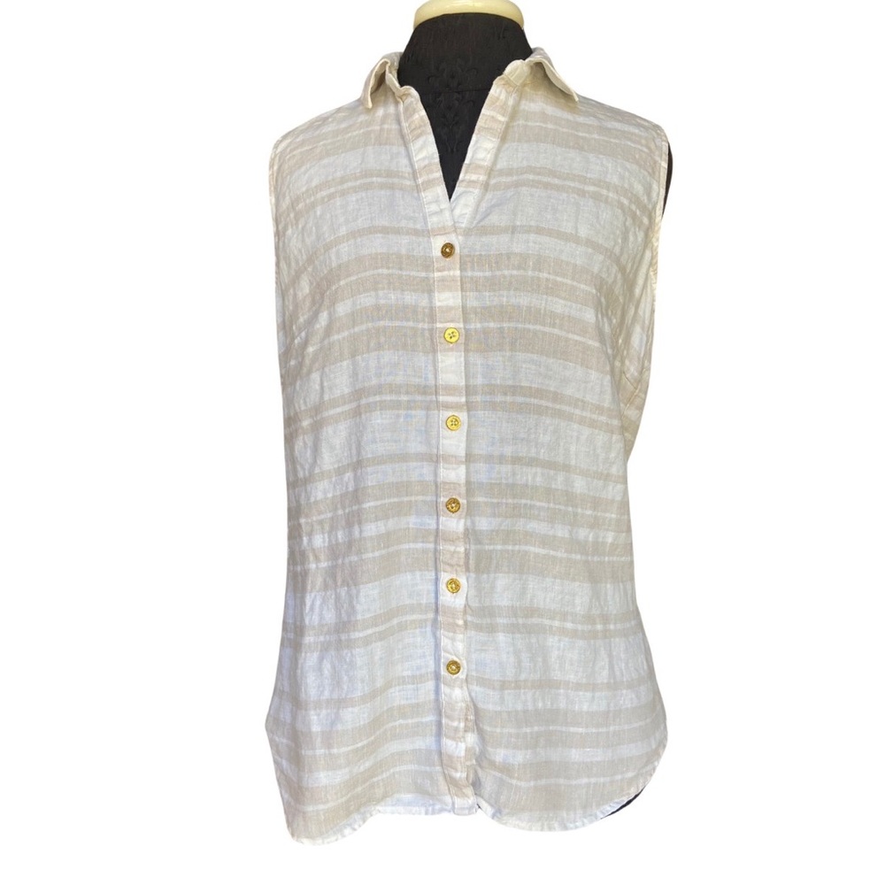 Ellen Tracy 100% Linen Sleeveless Beige and White Stripe Button Down Women’s M